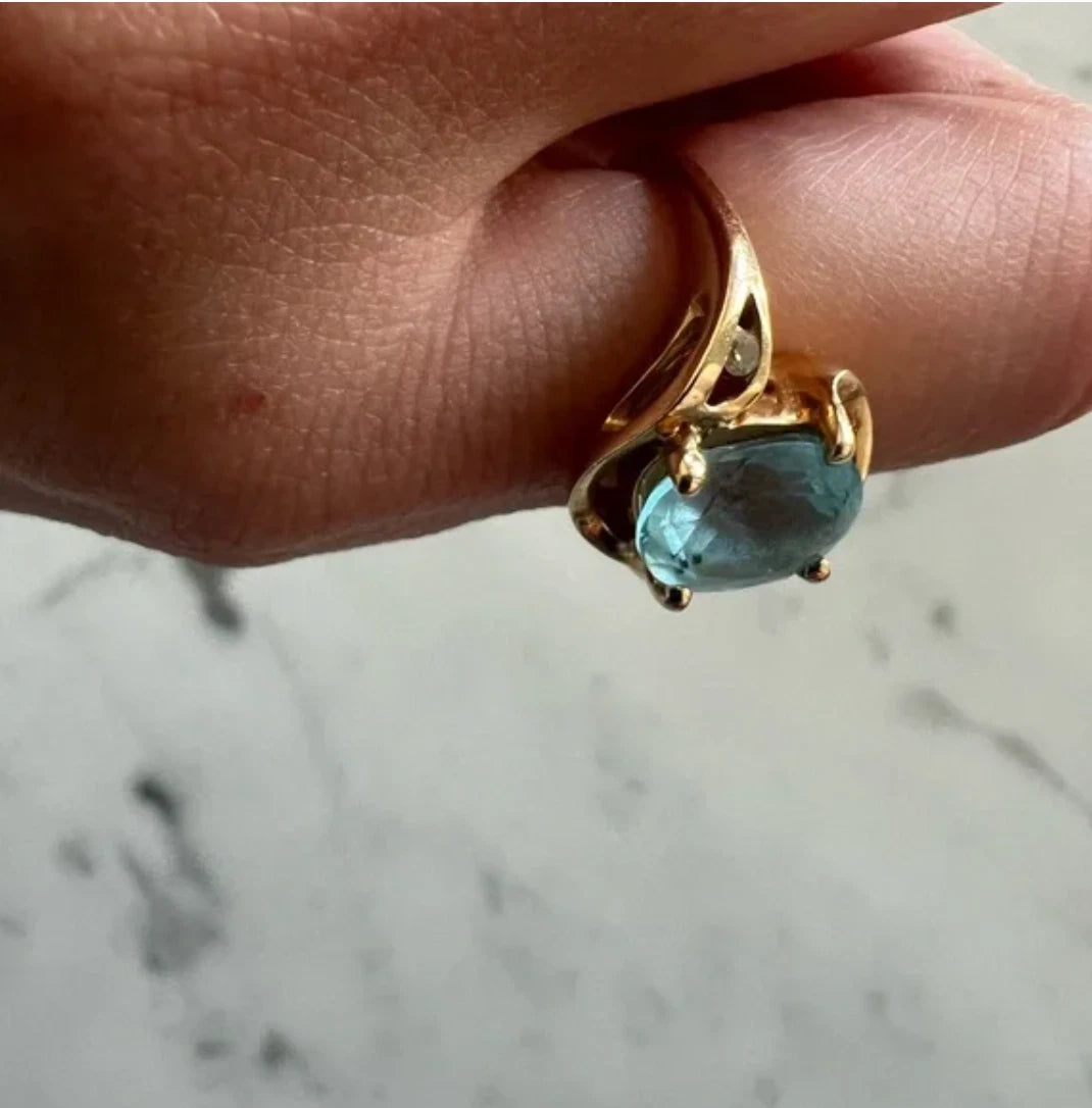 Vintage 1920s Aquamarine & Diamond Ring | Art Deco | 14K Gold | Approx. 3ct Cent