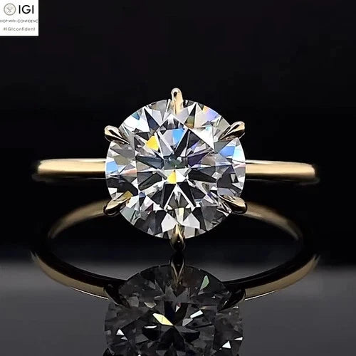 6 PRONG Lab Grown 3.00 Ct Round CVD Diamond G / VS1 Clarity 14K Yellow Gold Ring
